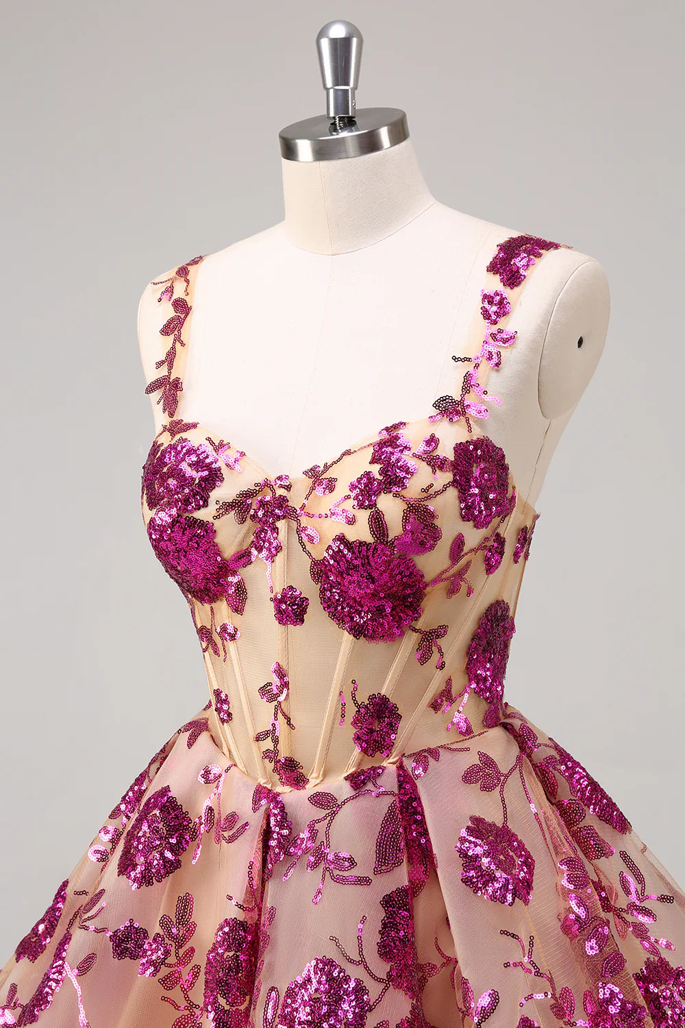 Lovely Fuchsia Lace Floral V Neck A-Line Corset Short Homecoming Dress With Sequins