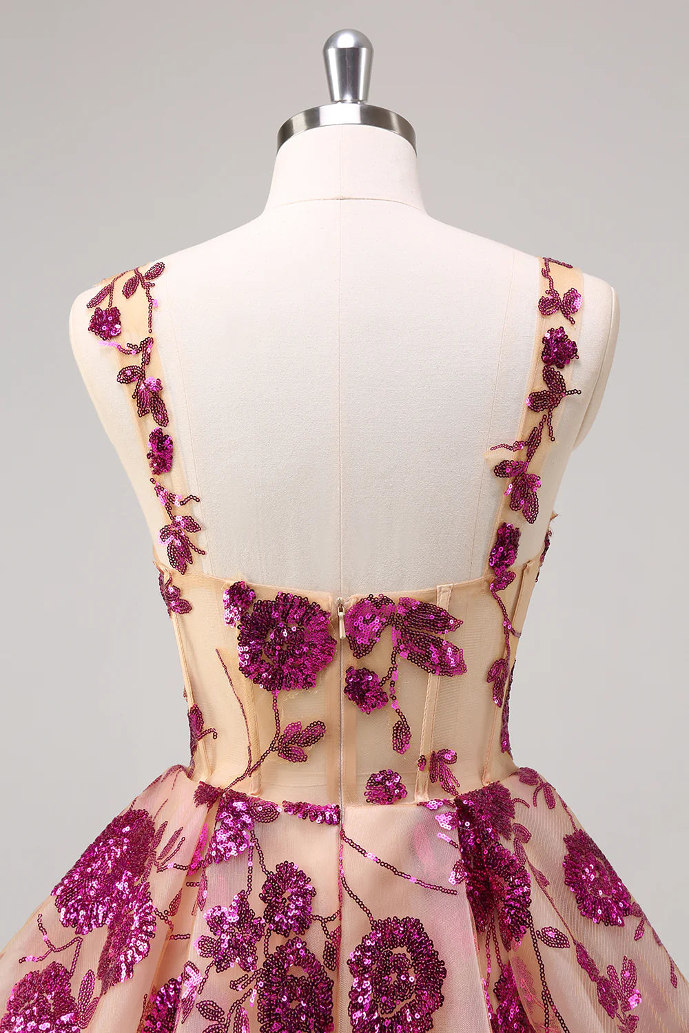 Lovely Fuchsia Lace Floral V Neck A-Line Corset Short Homecoming Dress With Sequins