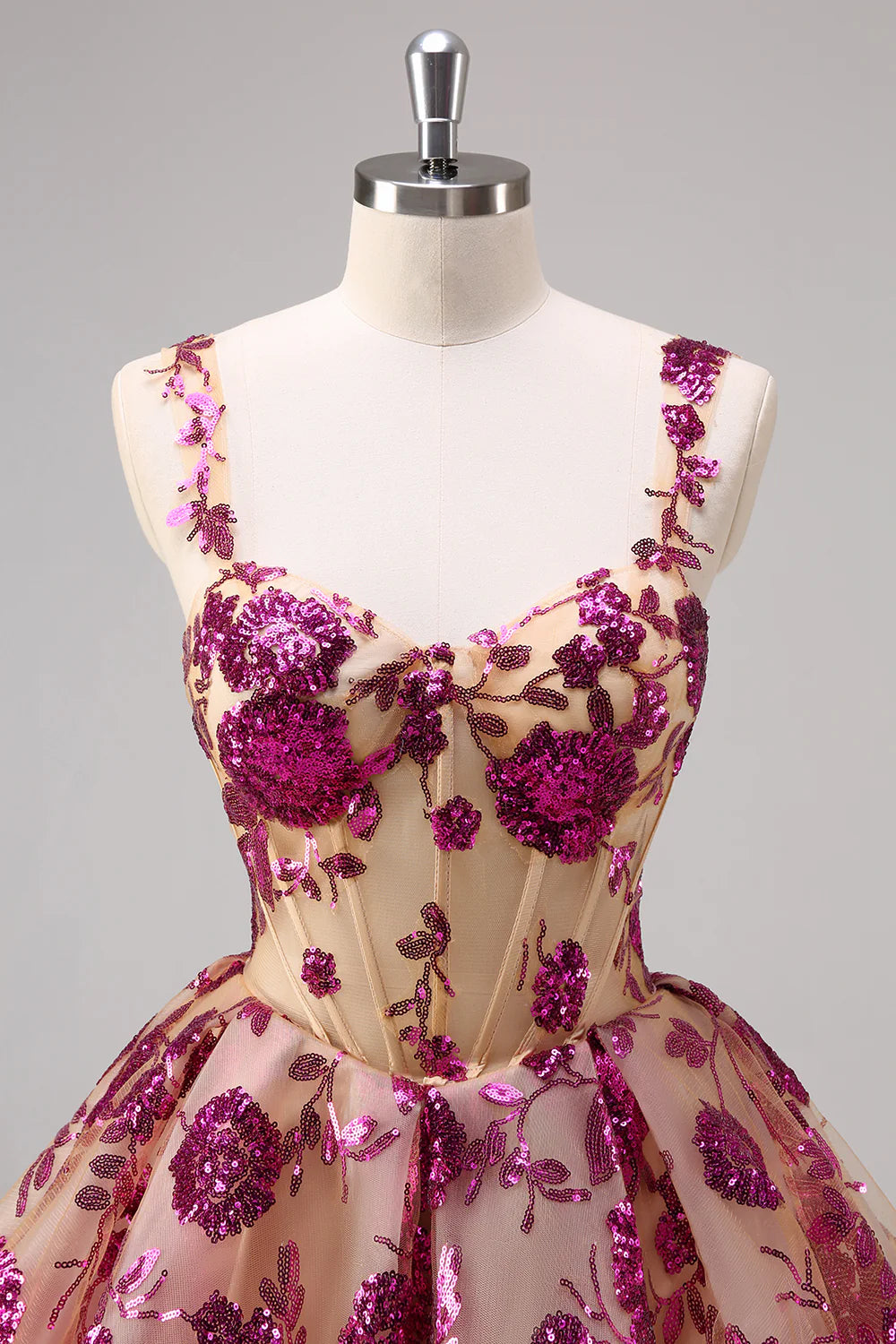 Lovely Fuchsia Lace Floral V Neck A-Line Corset Short Homecoming Dress With Sequins
