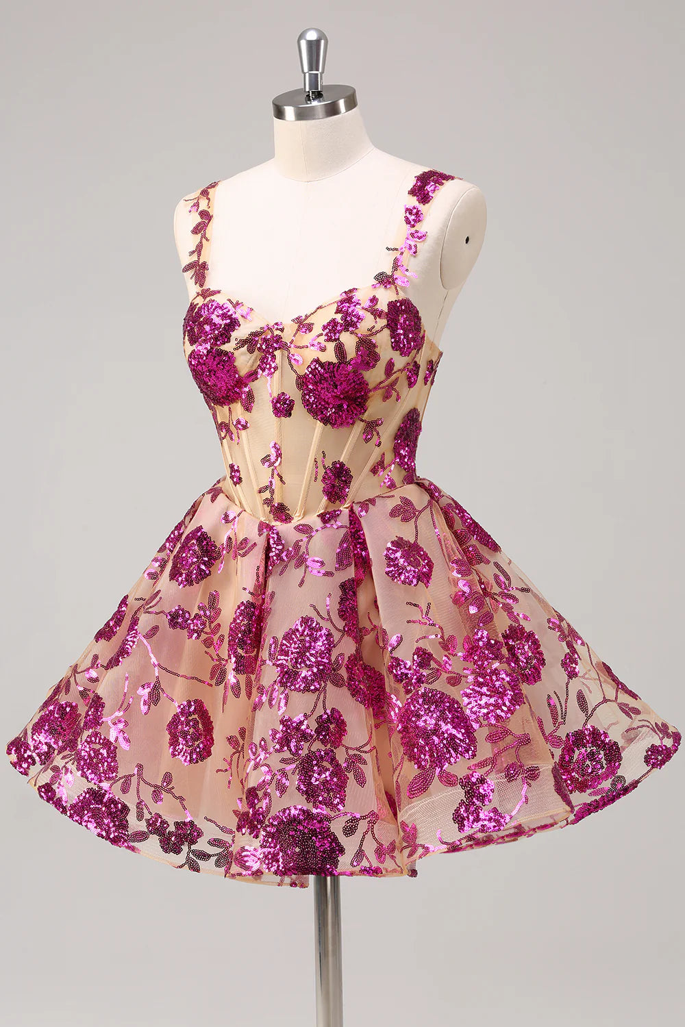 Lovely Fuchsia Lace Floral V Neck A-Line Corset Short Homecoming Dress With Sequins
