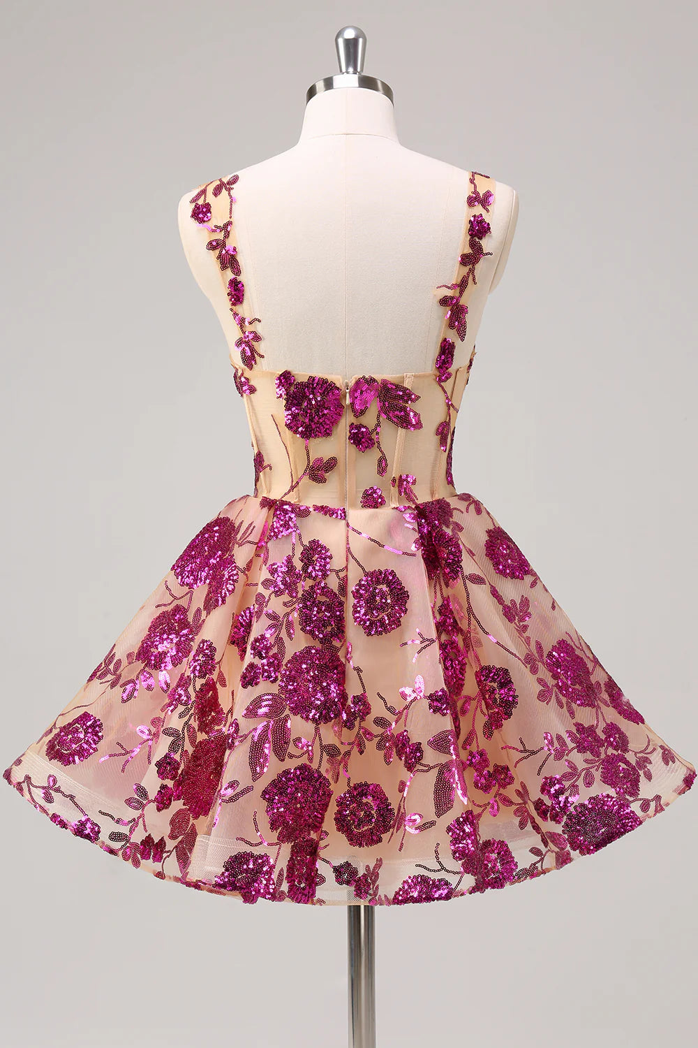 Lovely Fuchsia Lace Floral V Neck A-Line Corset Short Homecoming Dress With Sequins