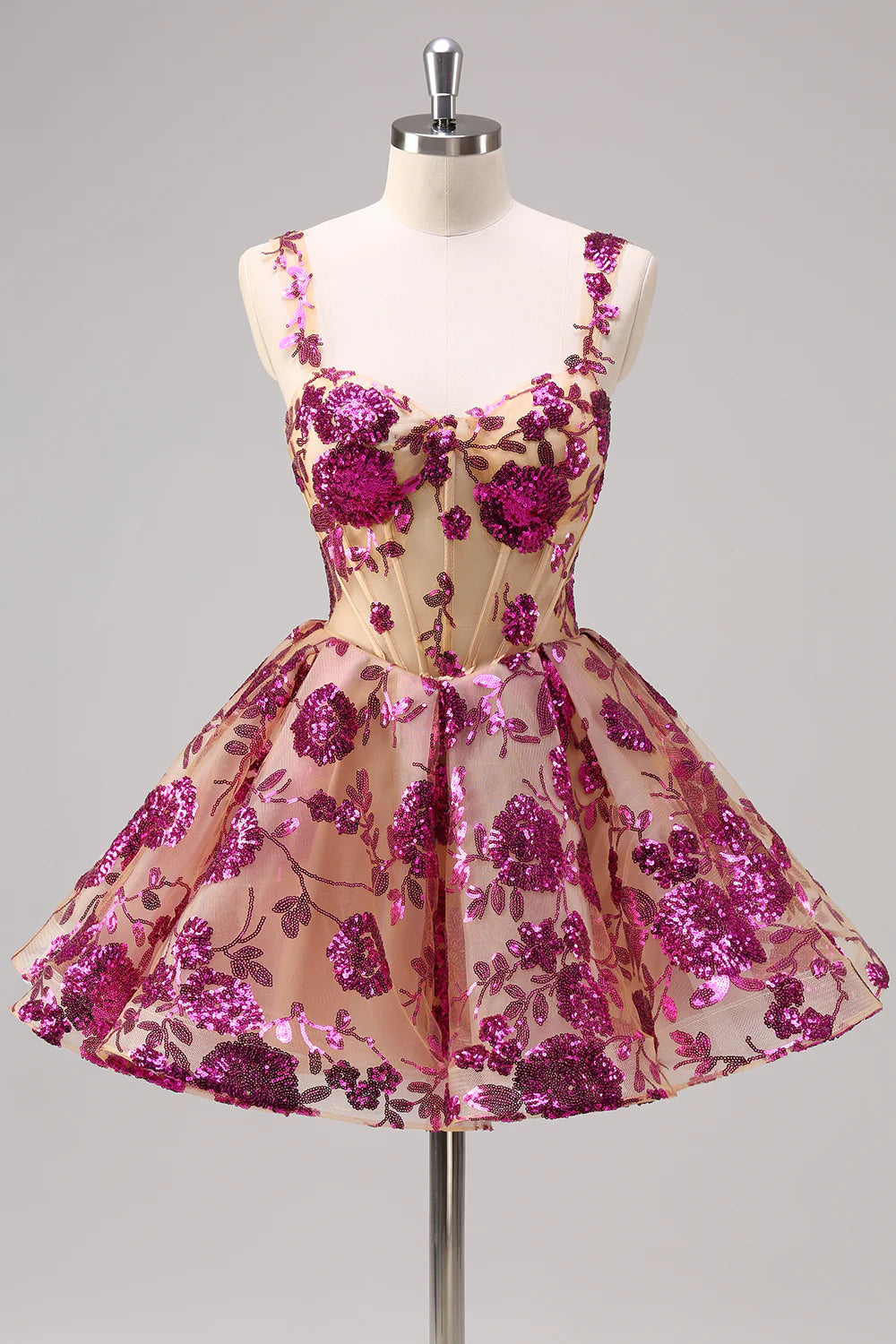 Lovely Fuchsia Lace Floral V Neck A-Line Corset Short Homecoming Dress With Sequins