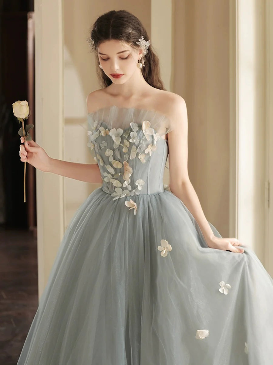 Lovely Gray Tulle Sweetheart Neck Strapless A-Line Long Prom Dress Party Dress
