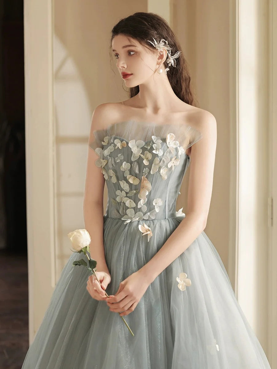Lovely Gray Tulle Sweetheart Neck Strapless A-Line Long Prom Dress Party Dress