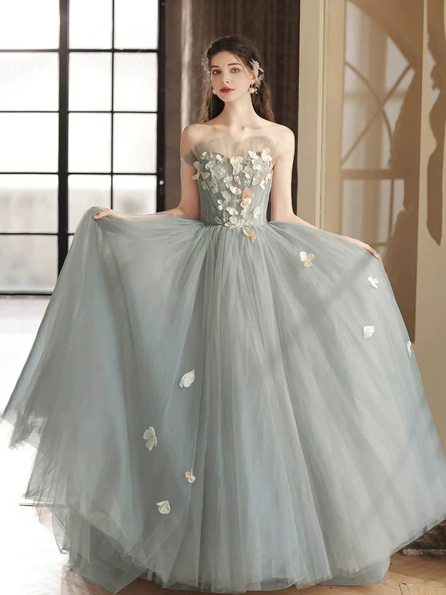Lovely Gray Tulle Sweetheart Neck Strapless A-Line Long Prom Dress Party Dress