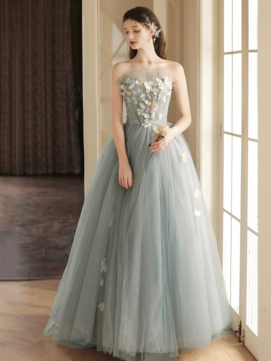Lovely Gray Tulle Sweetheart Neck Strapless A-Line Long Prom Dress Party Dress