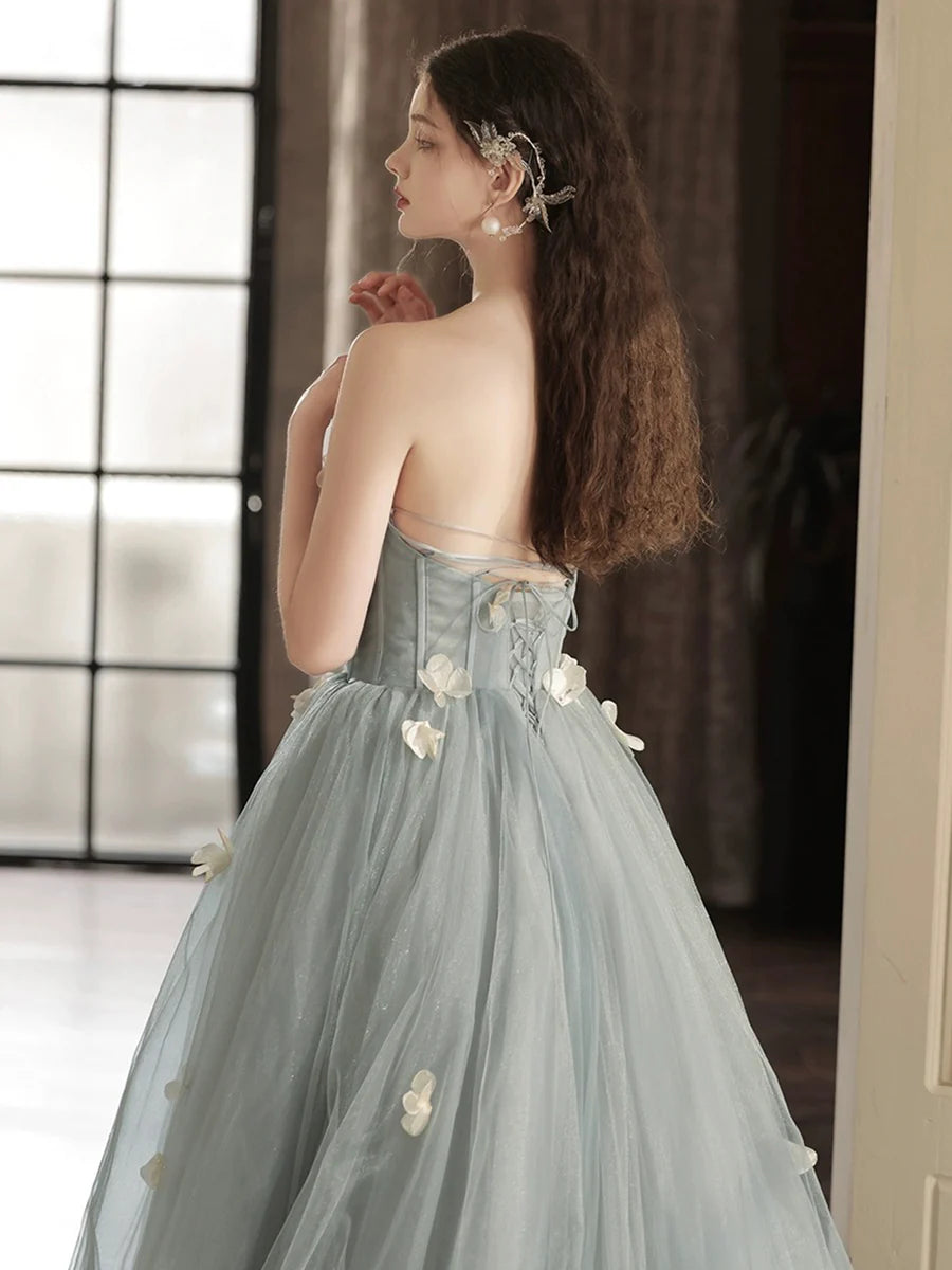 Lovely Gray Tulle Sweetheart Neck Strapless A-Line Long Prom Dress Party Dress