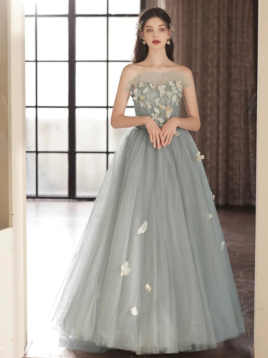 Lovely Gray Tulle Sweetheart Neck Strapless A-Line Long Prom Dress Party Dress