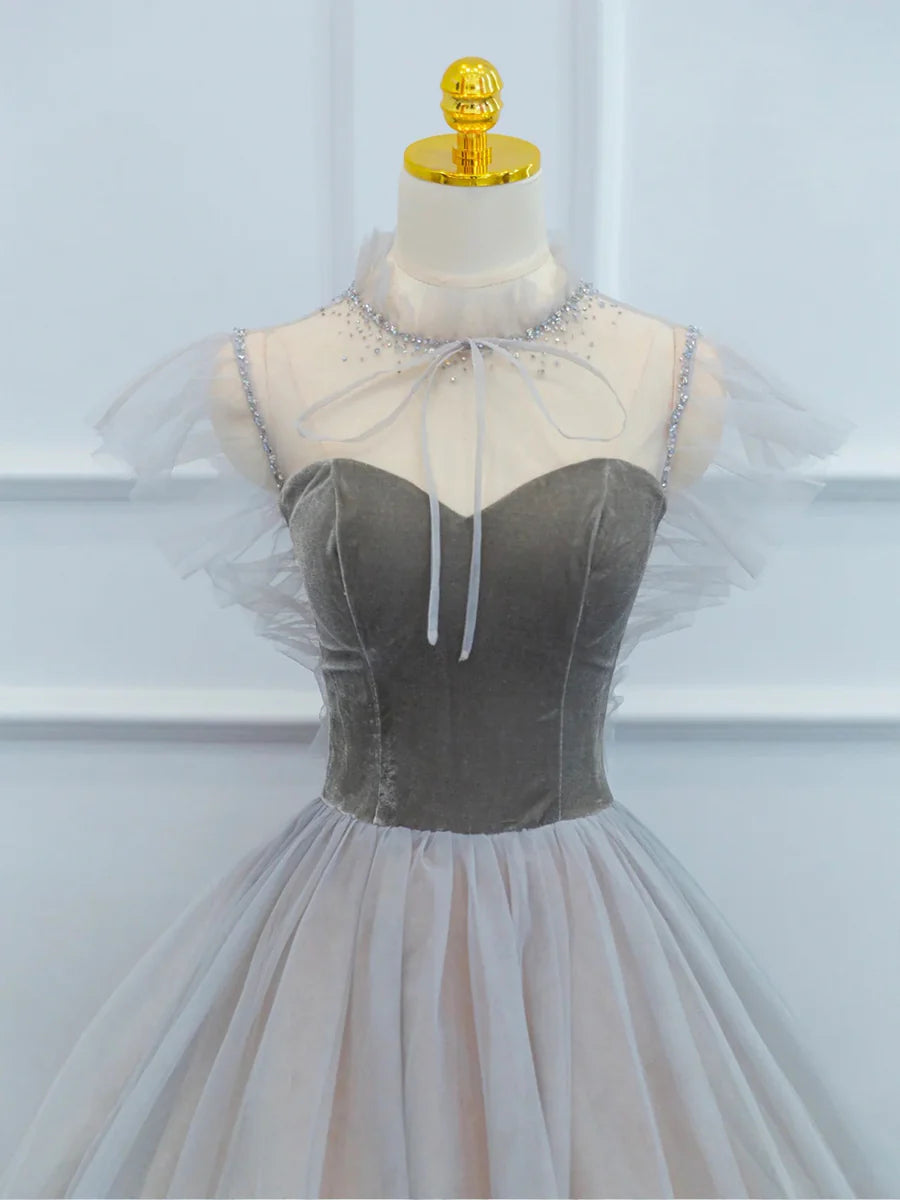 Lovely Gray Velvet And Tulle With Beaded Floor Length Prom Dress A-Line Long Formal Evening Dress
