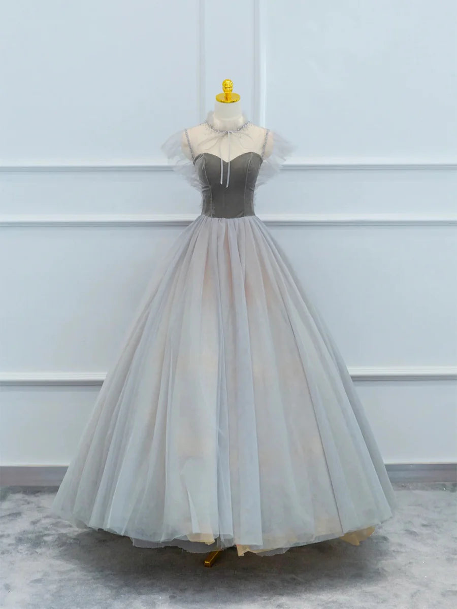 Lovely Gray Velvet And Tulle With Beaded Floor Length Prom Dress A-Line Long Formal Evening Dress
