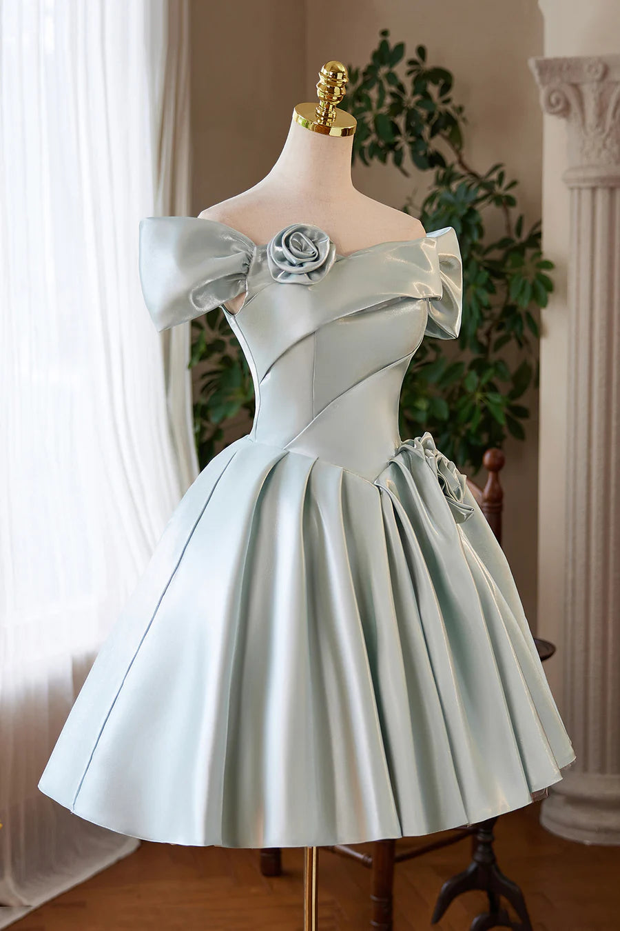 Lovely Green Satin Short A-Line Prom Dress Off the Shoulder Party Homecoming Dress Party Dress