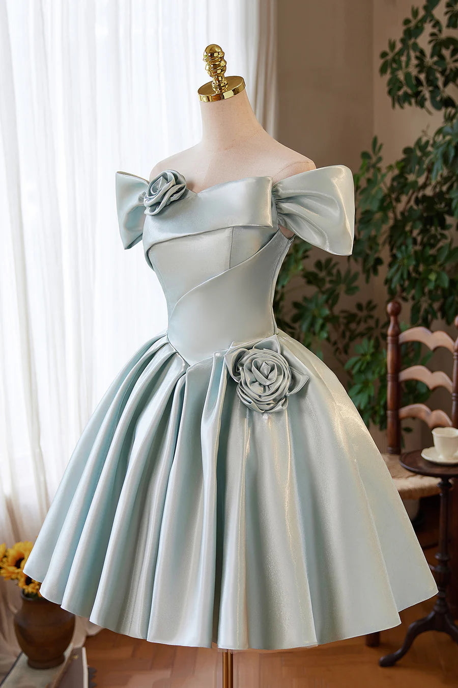Lovely Green Satin Short A-Line Prom Dress Off the Shoulder Party Homecoming Dress Party Dress