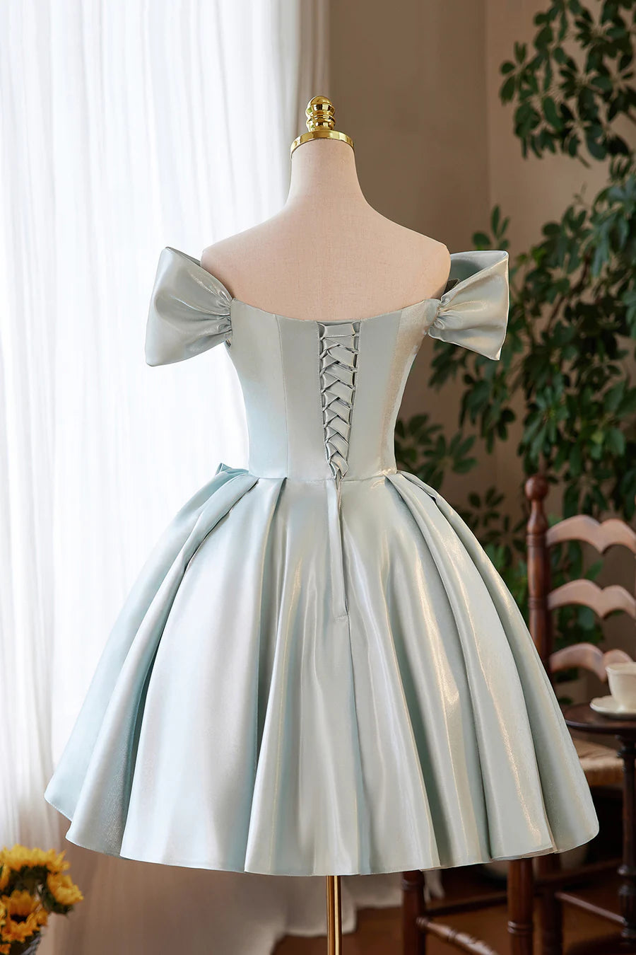 Lovely Green Satin Short A-Line Prom Dress Off the Shoulder Party Homecoming Dress Party Dress
