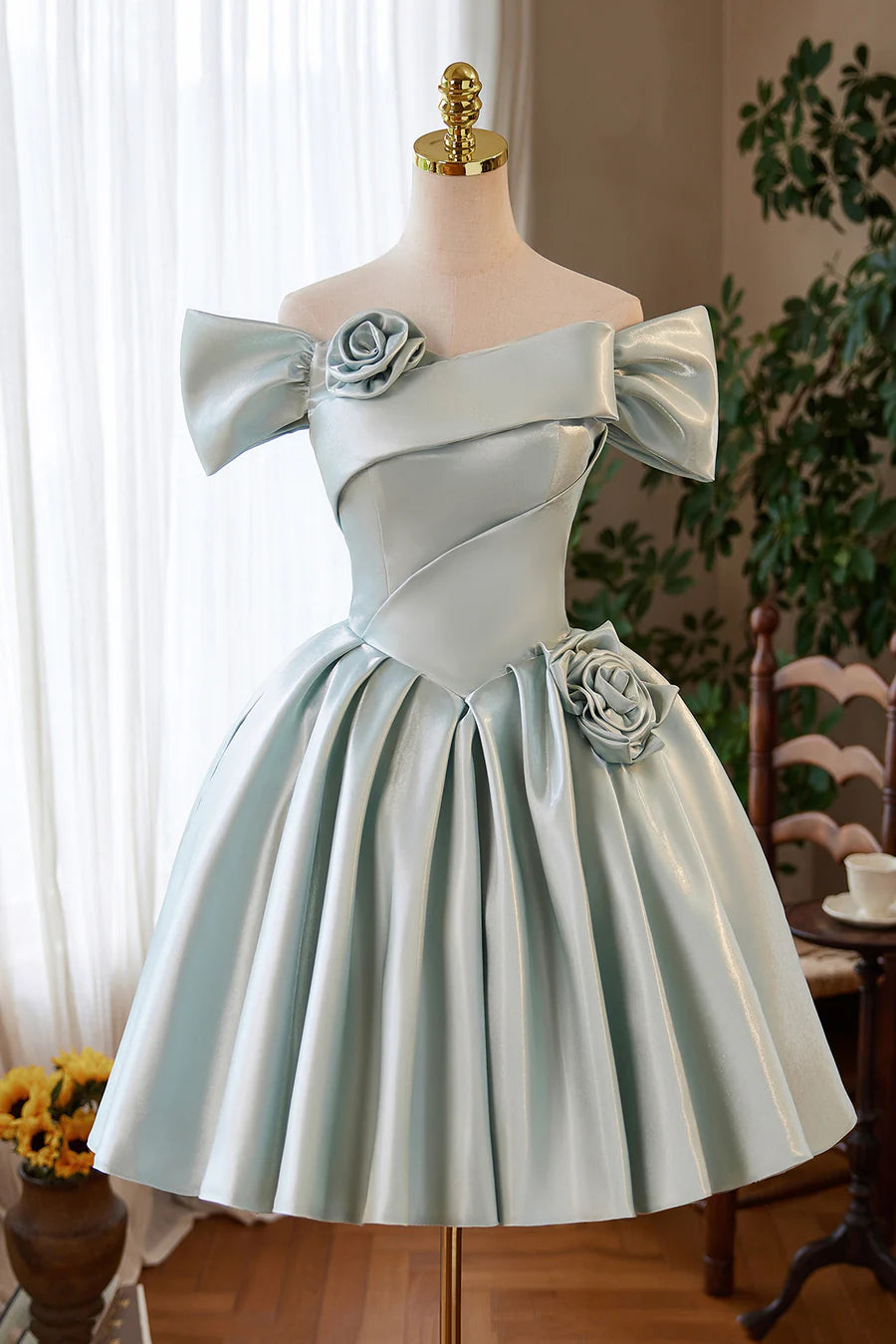 Lovely Green Satin Short A-Line Prom Dress Off the Shoulder Party Homecoming Dress Party Dress