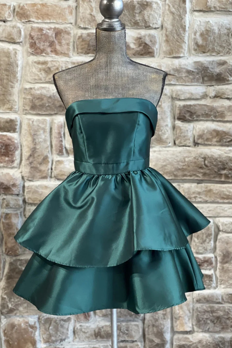 Lovely Green Satin Strapless A-Line Empire-Waist Layered Mini Homecoming Dress Short Party Dress
