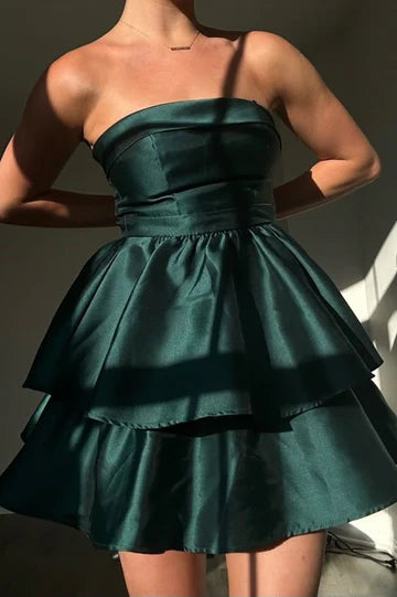 Lovely Green Satin Strapless A-Line Empire-Waist Layered Mini Homecoming Dress Short Party Dress