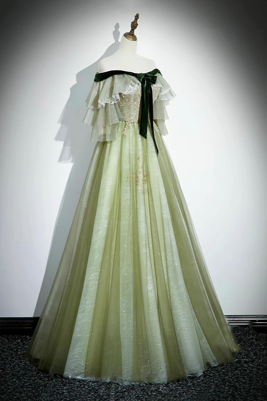 Lovely Green Tulle Pleated Sequins With Applique Long Prom Dress Off the Shoulder Party Dress