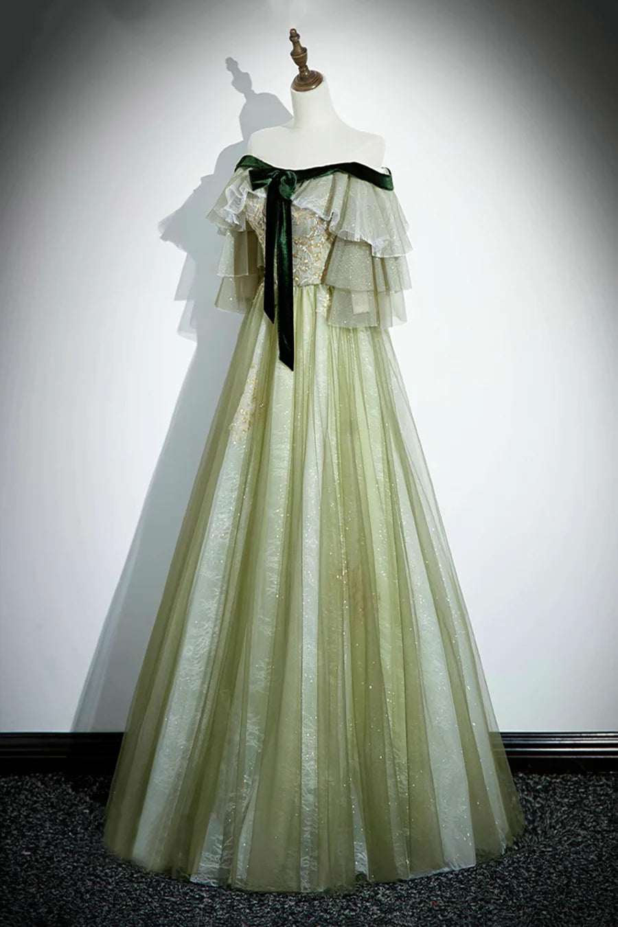 Lovely Green Tulle Pleated Sequins With Applique Long Prom Dress Off the Shoulder Party Dress