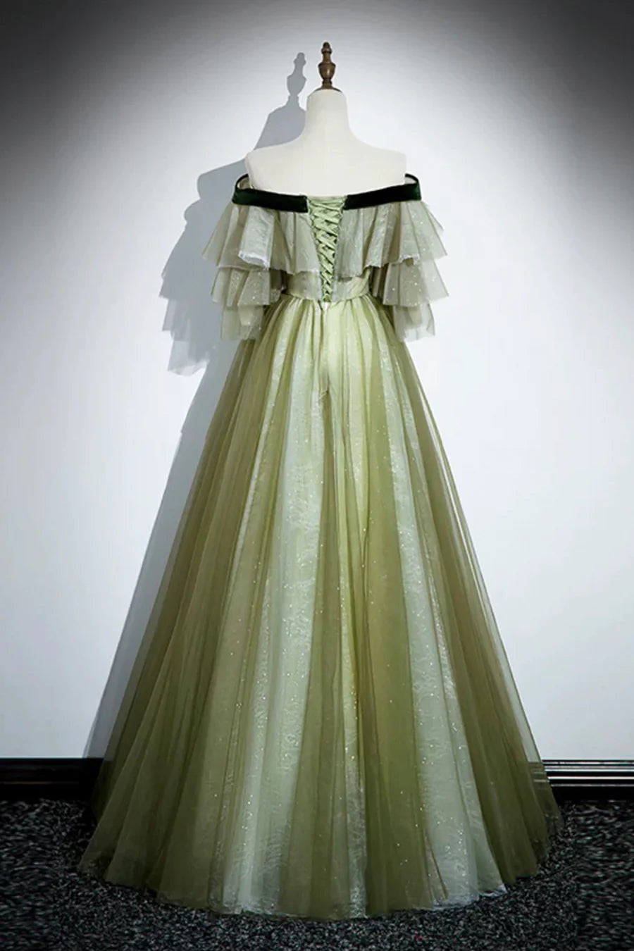 Lovely Green Tulle Pleated Sequins With Applique Long Prom Dress Off the Shoulder Party Dress