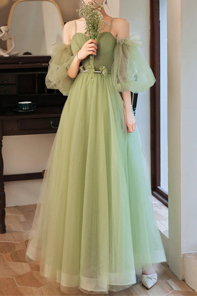 Lovely Green Tulle Spaghetti Straps Long Party Dress A-Line Floor Length Evening Party Dress