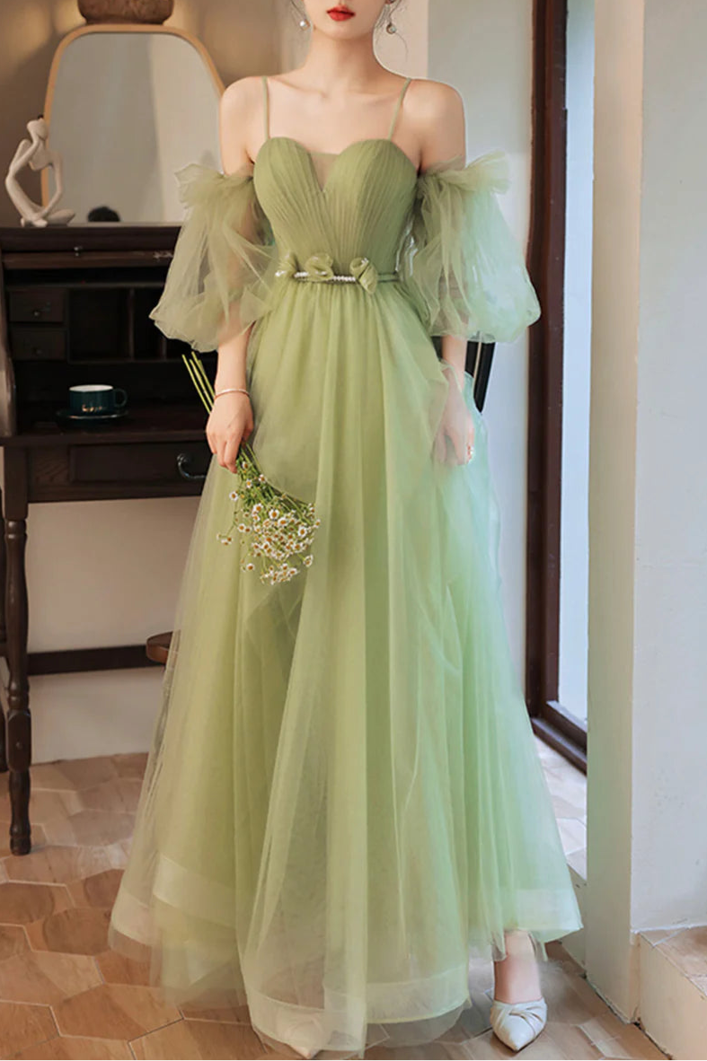 Lovely Green Tulle Spaghetti Straps Long Party Dress A-Line Floor Length Evening Party Dress