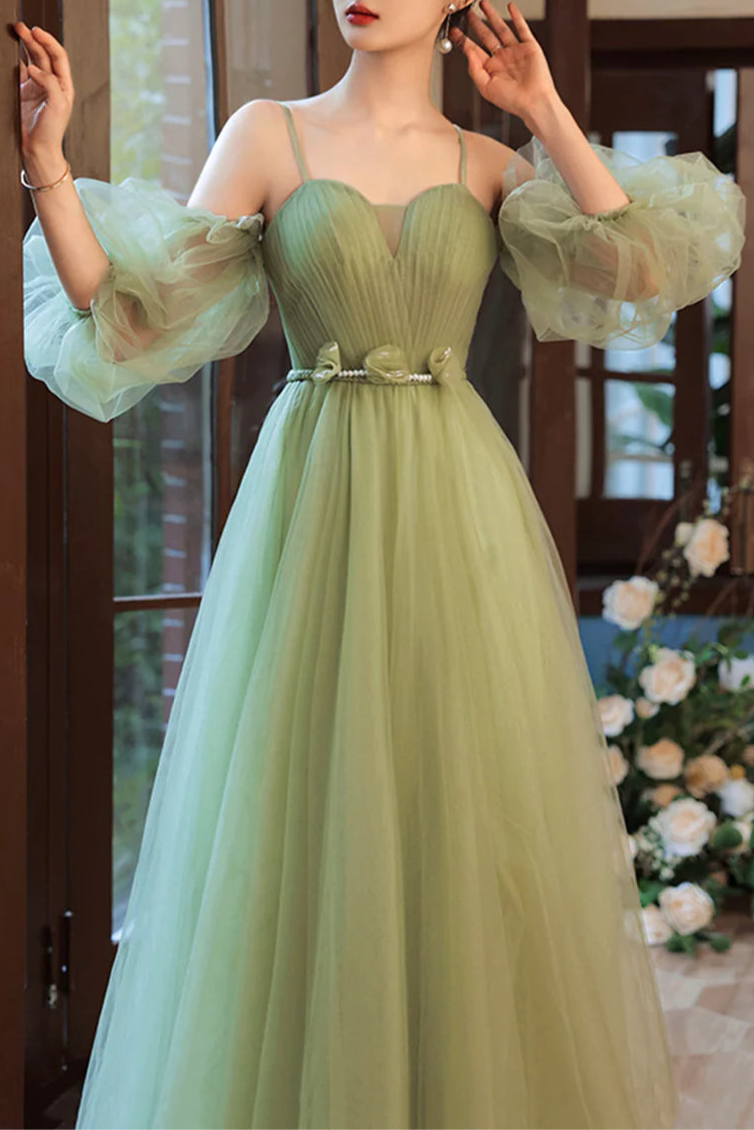 Lovely Green Tulle Spaghetti Straps Long Party Dress A-Line Floor Length Evening Party Dress