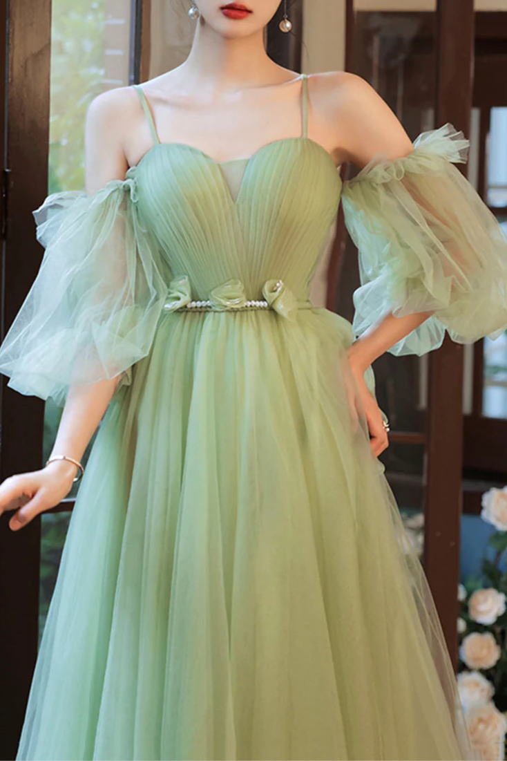 Lovely Green Tulle Spaghetti Straps Long Party Dress A-Line Floor Length Evening Party Dress