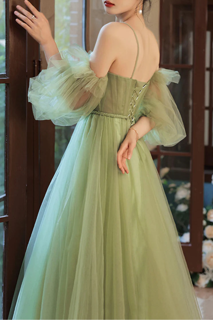 Lovely Green Tulle Spaghetti Straps Long Party Dress A-Line Floor Length Evening Party Dress