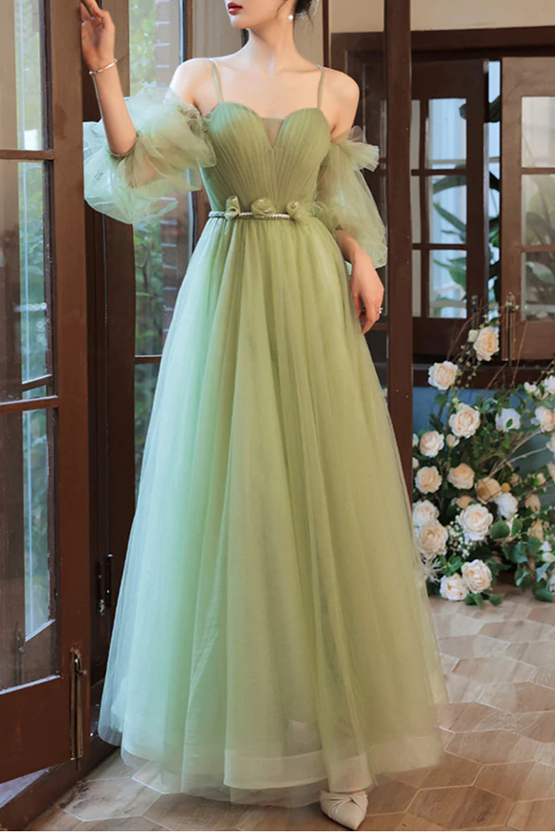 Lovely Green Tulle Spaghetti Straps Long Party Dress A-Line Floor Length Evening Party Dress