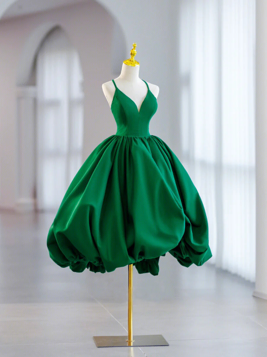 Lovely Green V-Neck Satin Spaghetti Straps Short Prom Dress A-Line Homecoming Dress With Bubble Hem