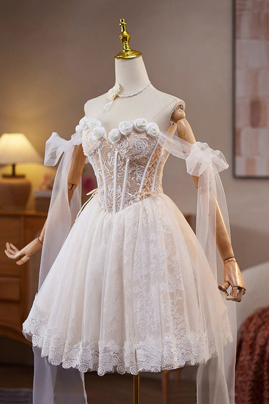 Lovely Ivory Lace Flower Pearl A-Line Short Birthday Party Dress Prom Dress