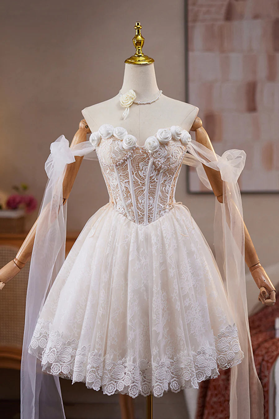 Lovely Ivory Lace Flower Pearl A-Line Short Birthday Party Dress Prom Dress