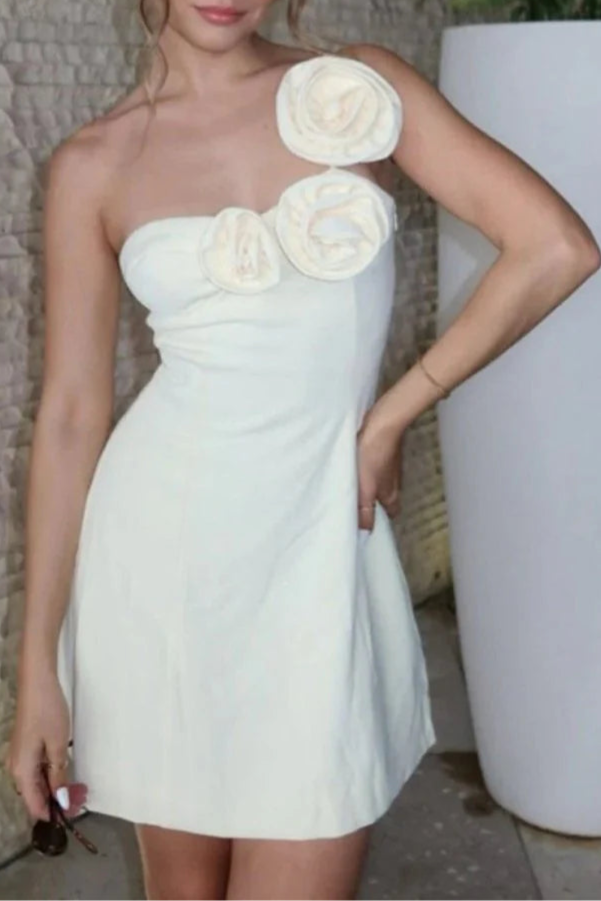 Lovely Ivory Satin One Shoulder A Line Short Lace-up Back Homecoming Dresses With 3D Flowers