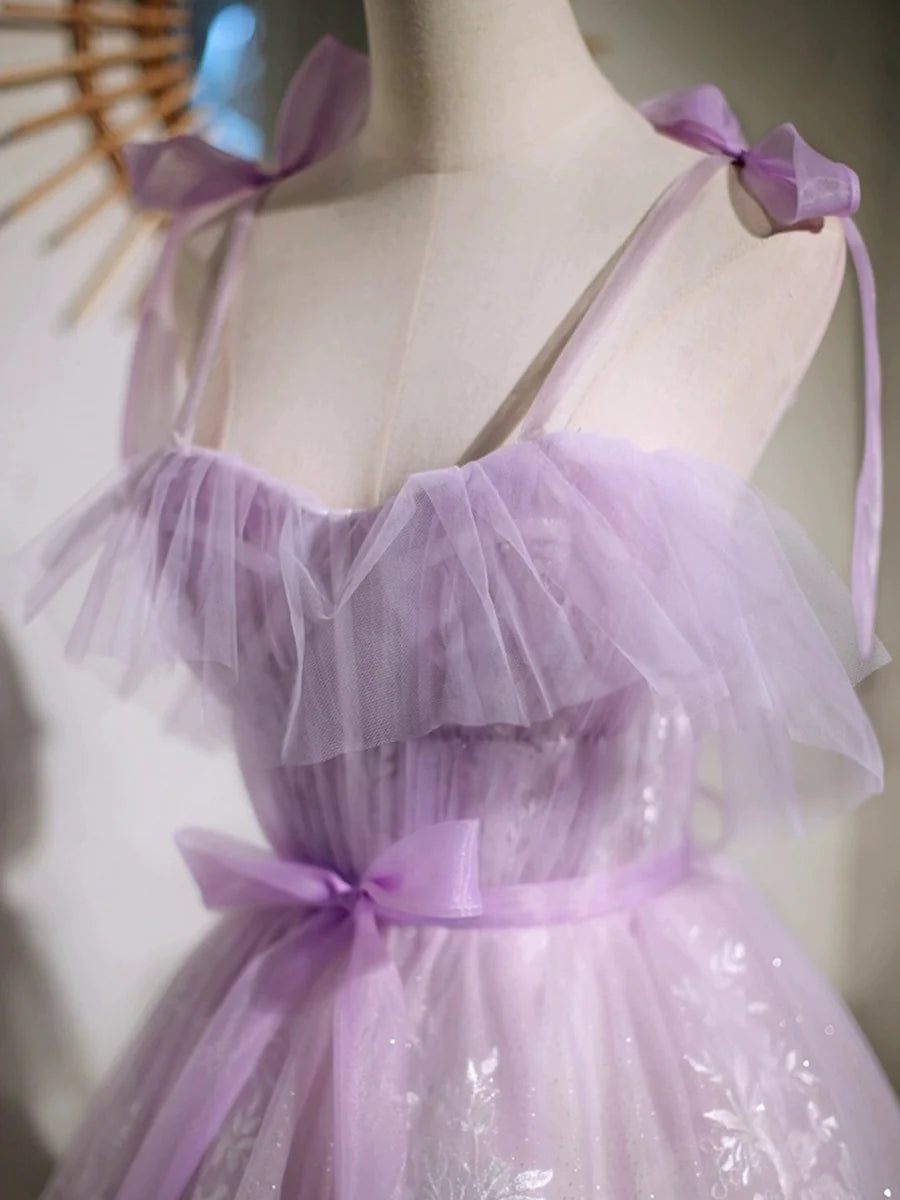 Lovely Lavender Tulle Lace Spaghetti Strap A-Line Short Prom Dress Party Dress