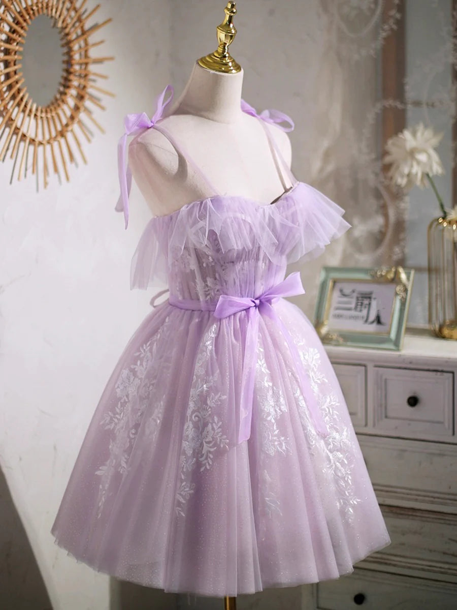 Lovely Lavender Tulle Lace Spaghetti Strap A-Line Short Prom Dress Party Dress