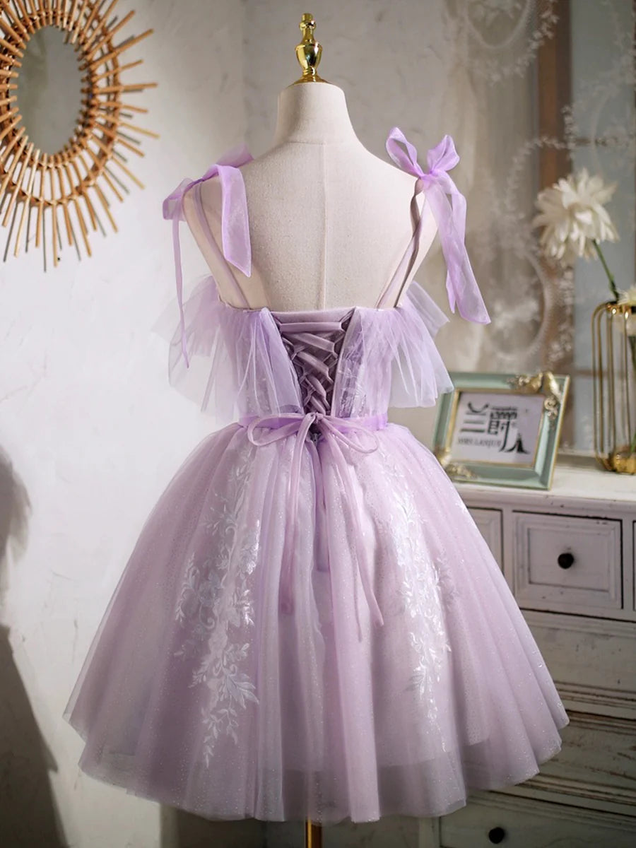 Lovely Lavender Tulle Lace Spaghetti Strap A-Line Short Prom Dress Party Dress