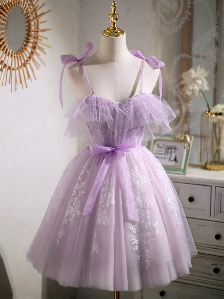 Lovely Lavender Tulle Lace Spaghetti Strap A-Line Short Prom Dress Party Dress