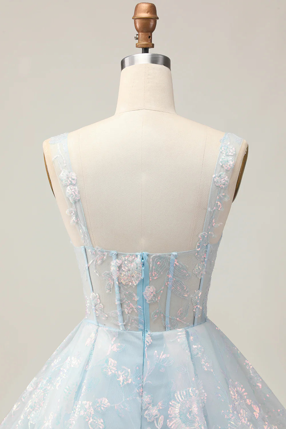 Lovely Light Blue Lace Floral V Neck A-Line Corset Short Homecoming Dress With Sequins