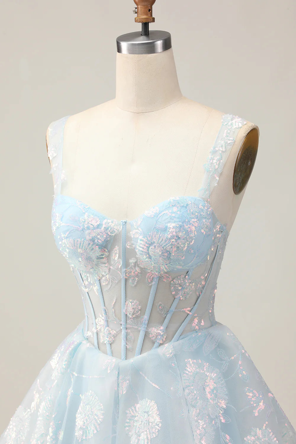 Lovely Light Blue Lace Floral V Neck A-Line Corset Short Homecoming Dress With Sequins