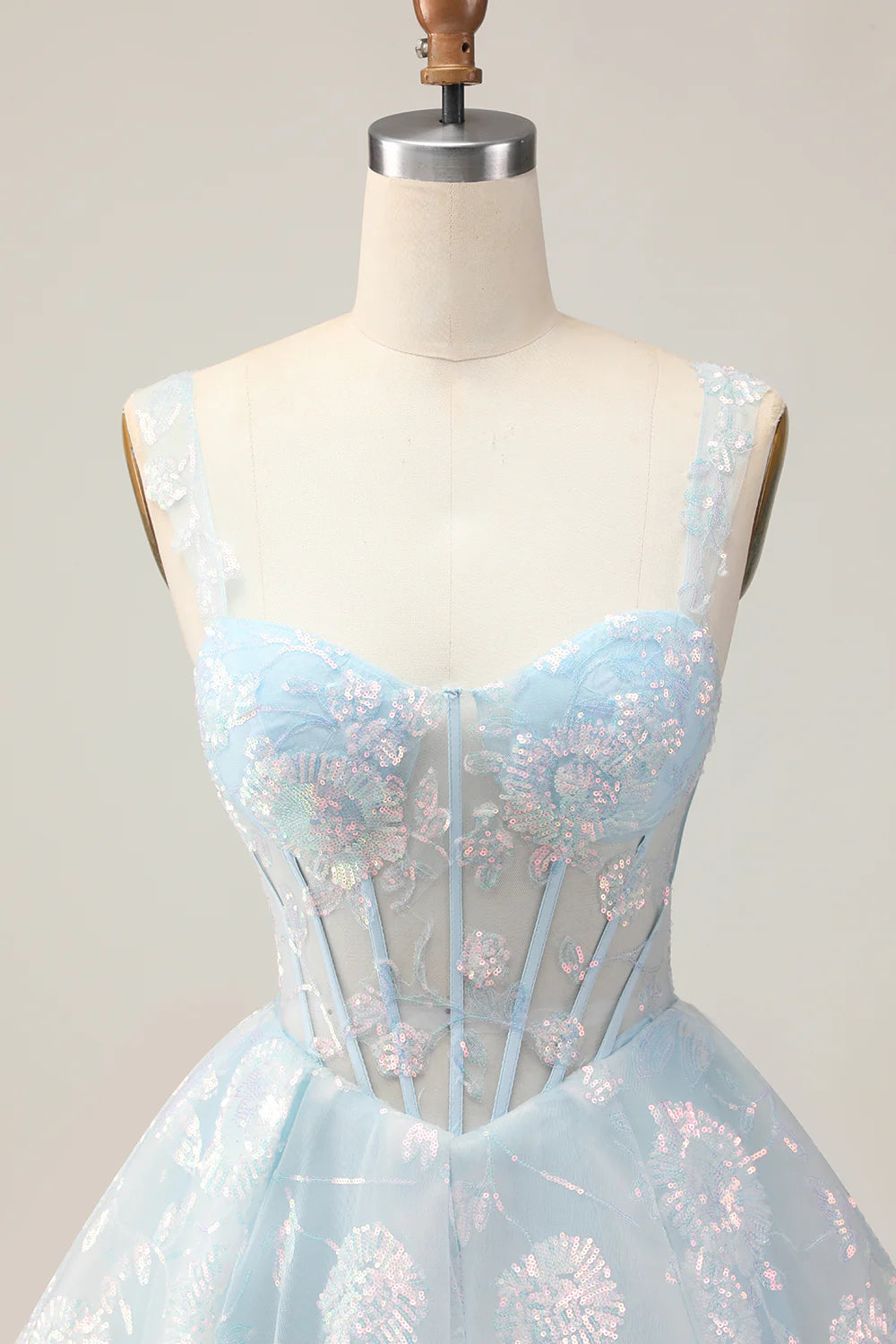 Lovely Light Blue Lace Floral V Neck A-Line Corset Short Homecoming Dress With Sequins