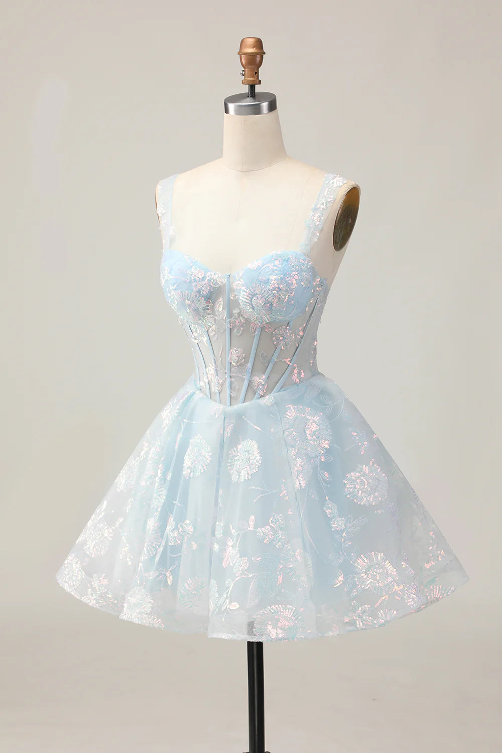 Lovely Light Blue Lace Floral V Neck A-Line Corset Short Homecoming Dress With Sequins