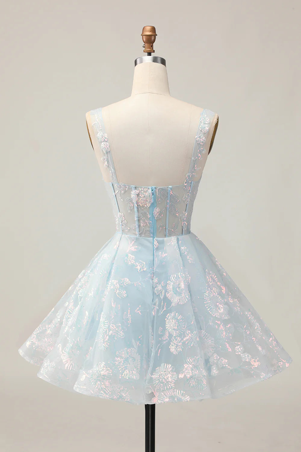 Lovely Light Blue Lace Floral V Neck A-Line Corset Short Homecoming Dress With Sequins