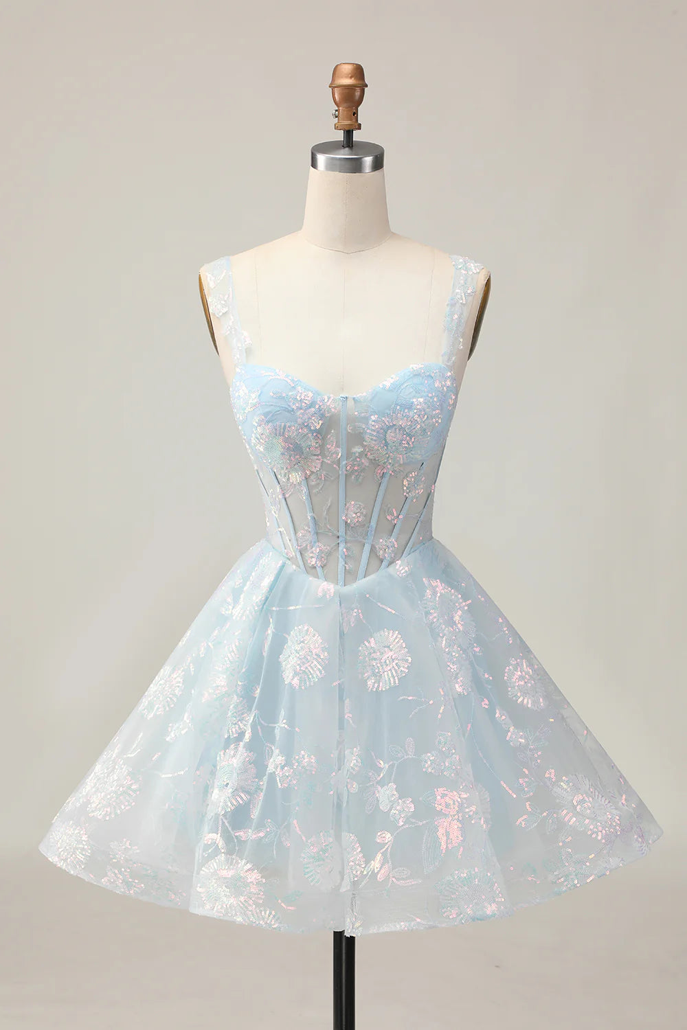 Lovely Light Blue Lace Floral V Neck A-Line Corset Short Homecoming Dress With Sequins