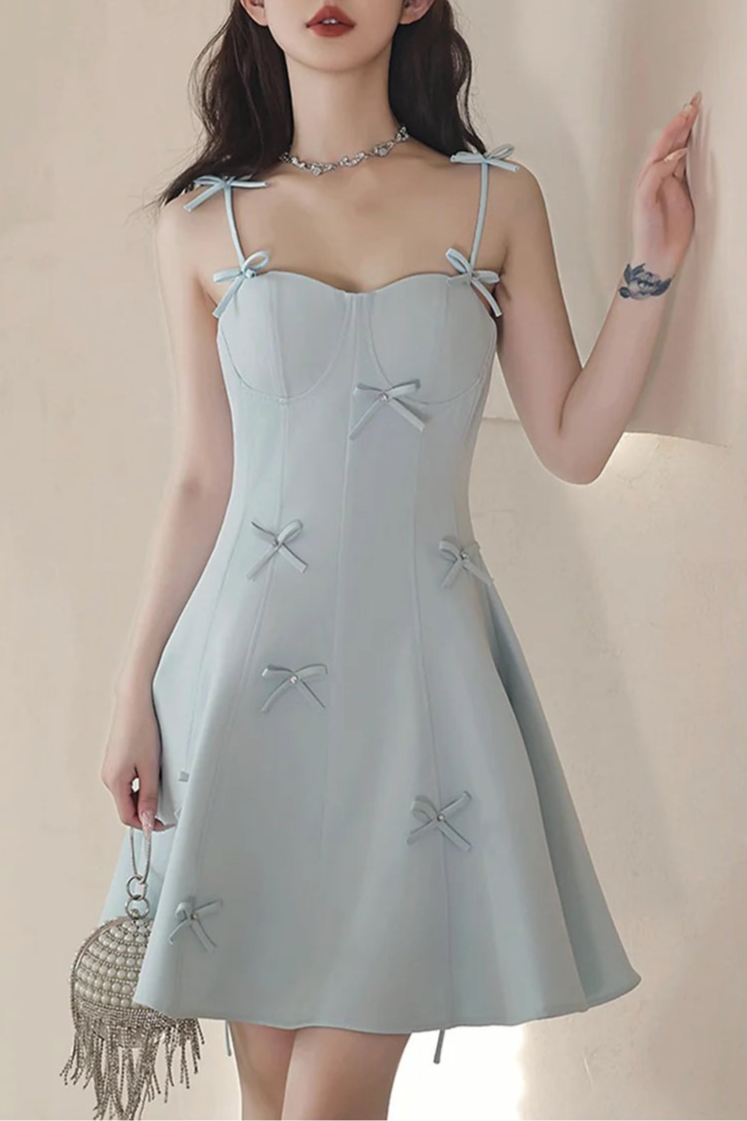 Lovely Light Blue Spaghetti Strap Short Prom Dress A-Line Evening Knee Length Party Dress