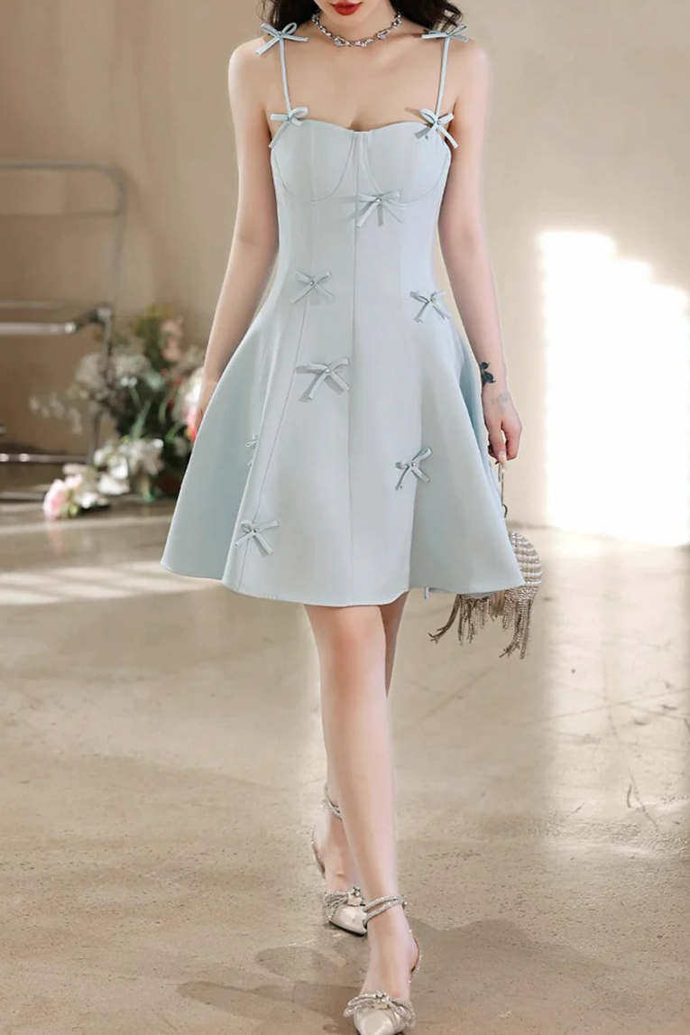 Lovely Light Blue Spaghetti Strap Short Prom Dress A-Line Evening Knee Length Party Dress