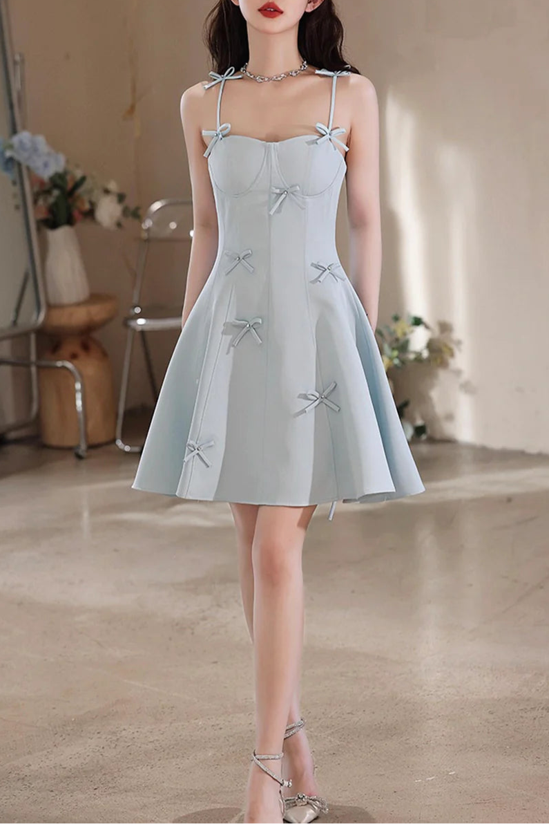 Lovely Light Blue Spaghetti Strap Short Prom Dress A-Line Evening Knee Length Party Dress