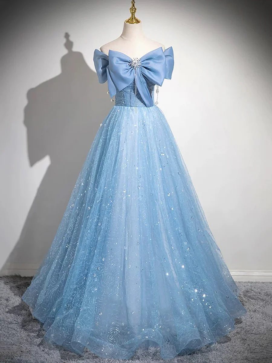 Lovely Light Blue Tulle Sequins With Bow A-Line Long Prom Dress Evening Party Dress