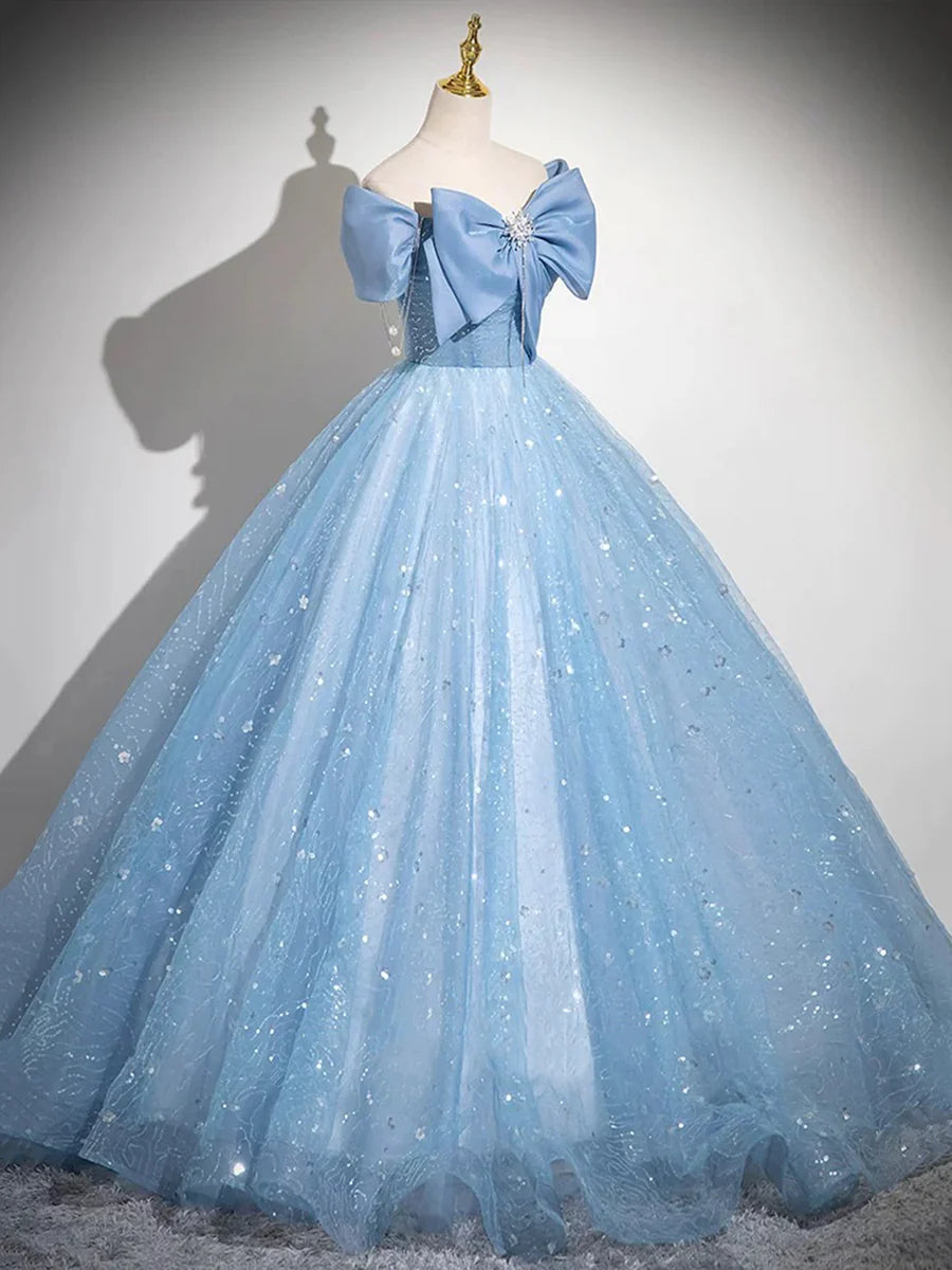 Lovely Light Blue Tulle Sequins With Bow A-Line Long Prom Dress Evening Party Dress