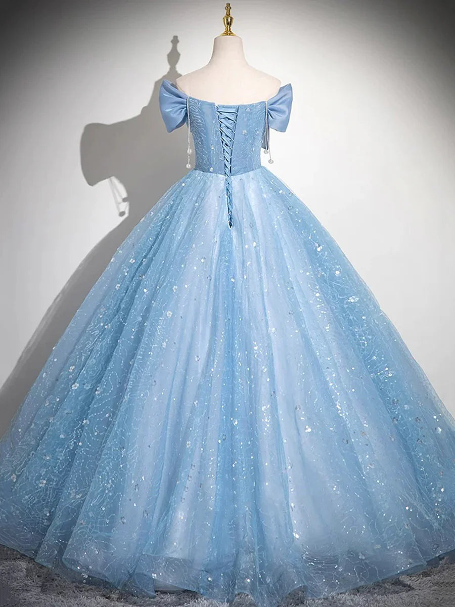 Lovely Light Blue Tulle Sequins With Bow A-Line Long Prom Dress Evening Party Dress