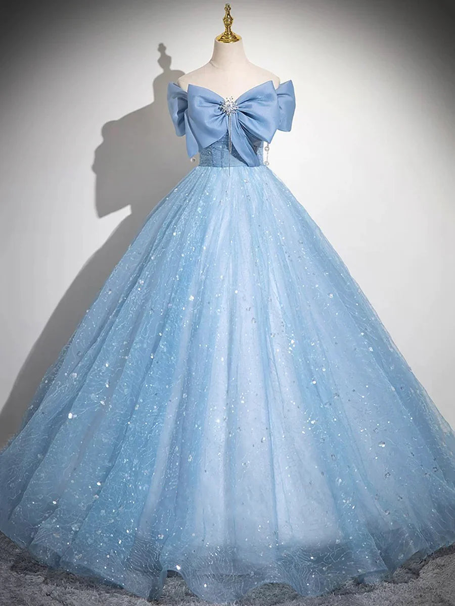 Lovely Light Blue Tulle Sequins With Bow A-Line Long Prom Dress Evening Party Dress